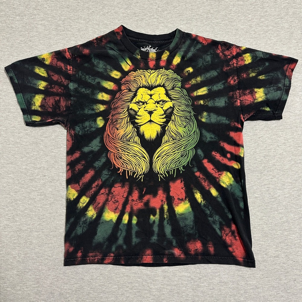 ODM Rasta Lion Tie Dye Graphic T-Shirt Black Red Green Yellow‎ Mens Size Large